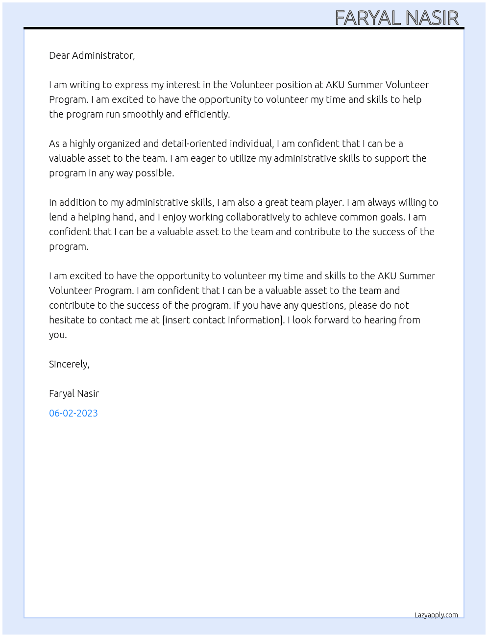 Volunteer  At AKU Summer Volounteer Program  Cover Letter