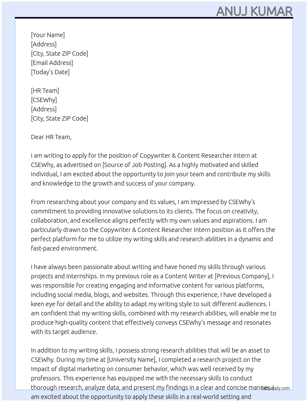 Copywriter & Content Researcher Intern At CSEWhy Cover Letter