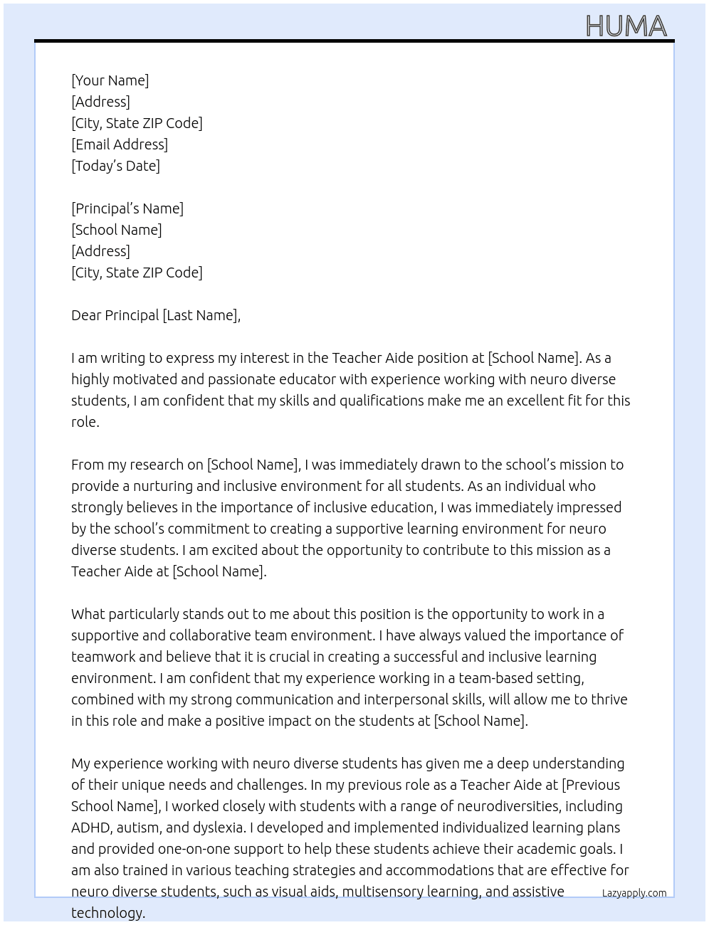 Teacher Aide At School  Cover Letter