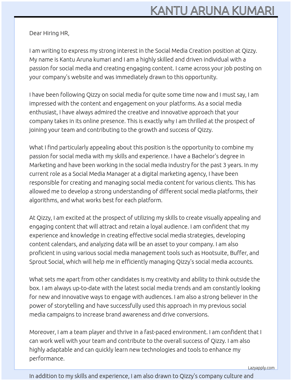 Social media creation  At Qizzy Cover Letter