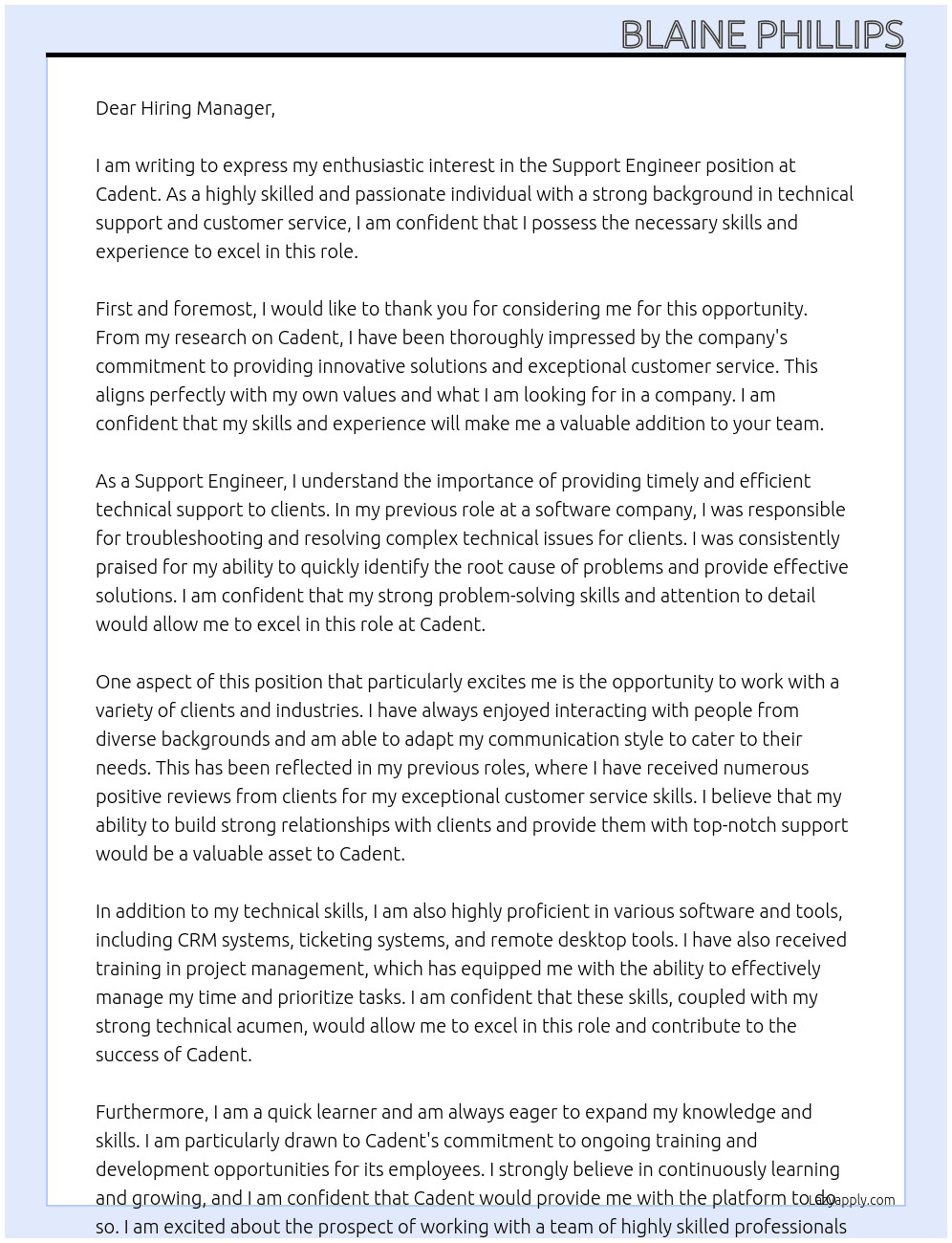 Support Engineer At Cadent Cover Letter
