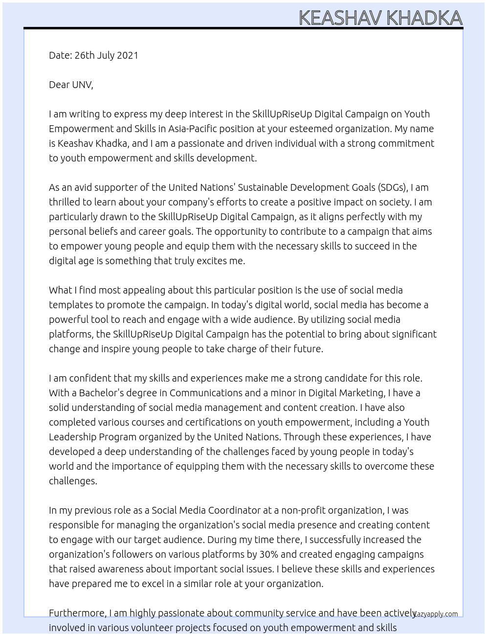 SkillUpRiseUp Digital Campaign on Youth Empowerment and Skills in Asia-Pacific At UNV Cover Letter
