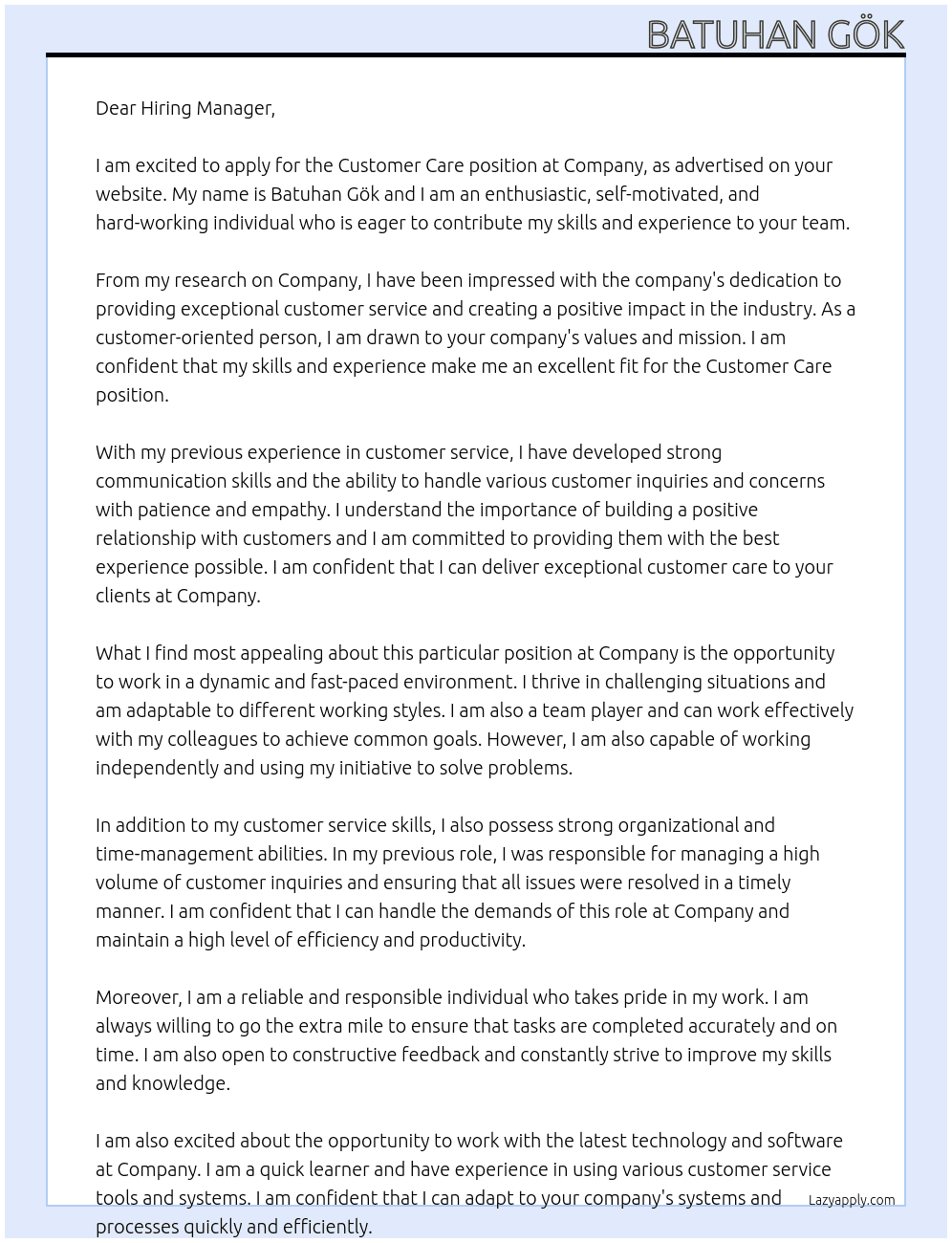 Customer care  At Company  Cover Letter
