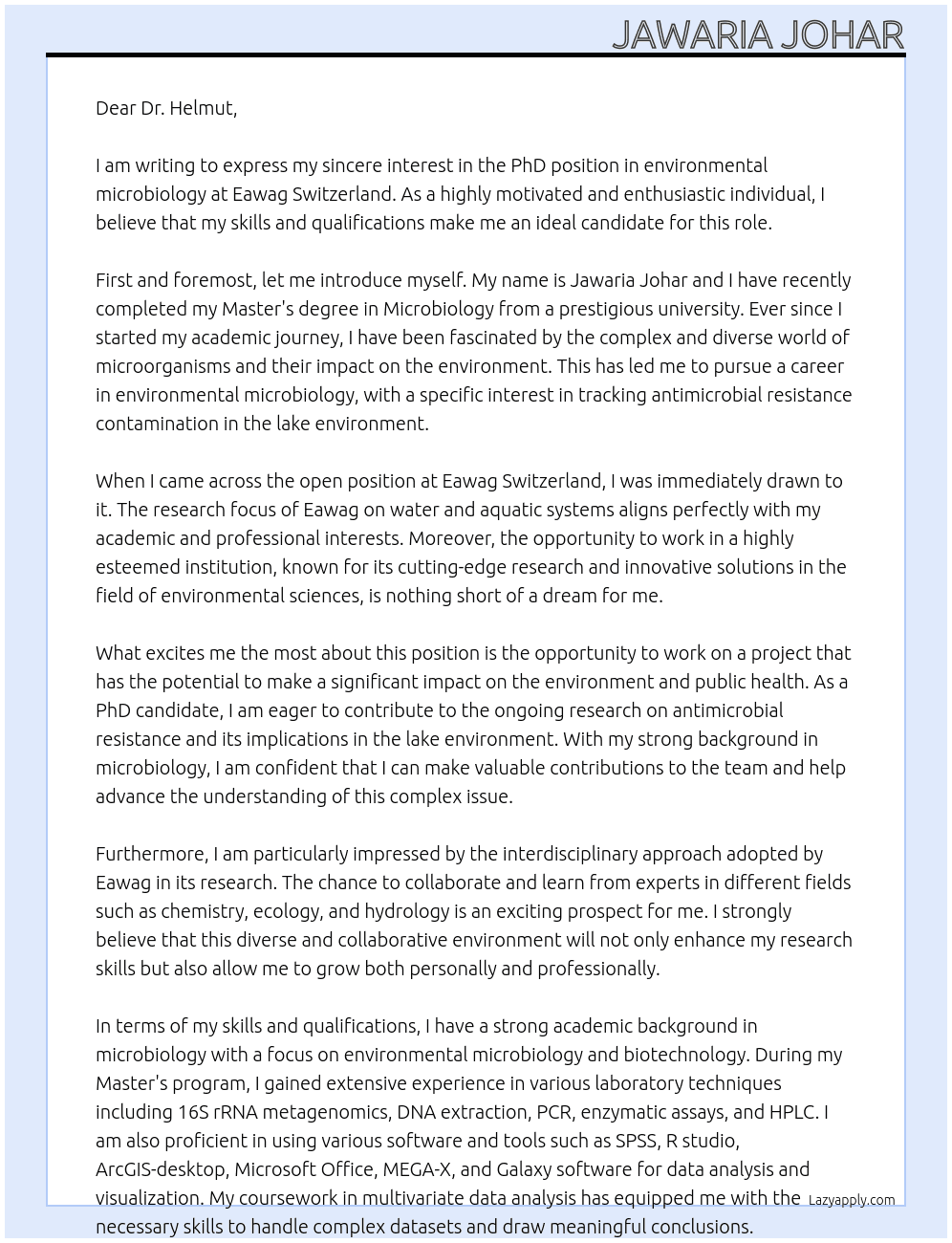 PhD position in environmental microbiology: Tracking antimicrobial resistance contamination in the lake environment At Eawag Switzerland Cover Letter