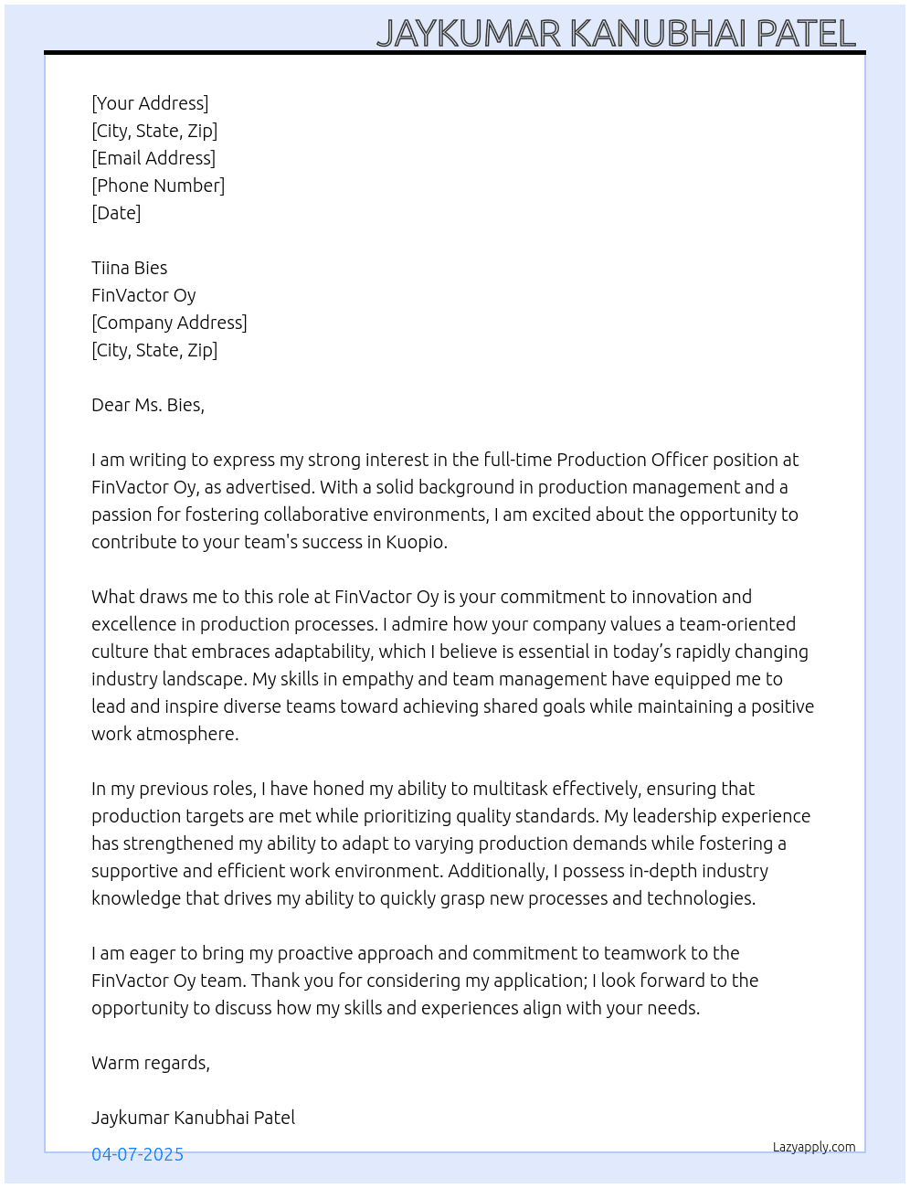 Cover letter for production officer - LazyApply