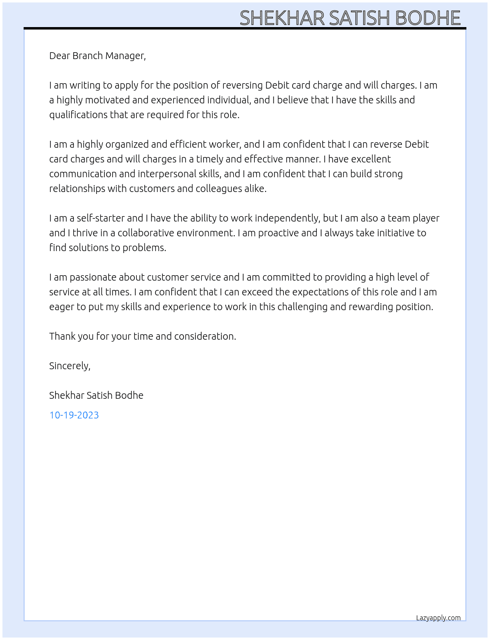 For reversing Debit card charge and will charges  At Hadfc bank Cover Letter