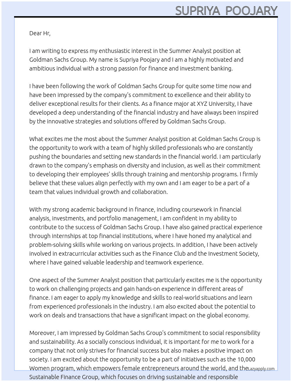 Summer Analyst At Goldman Sachs Group Cover Letter
