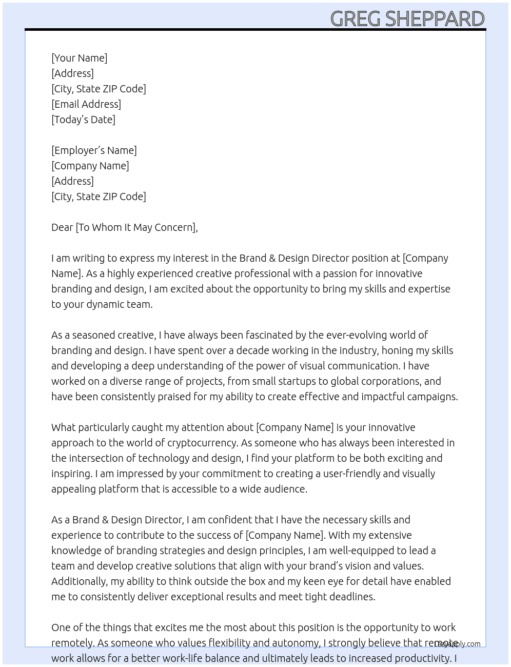 Brand & Design Director At Crypto platform Cover Letter