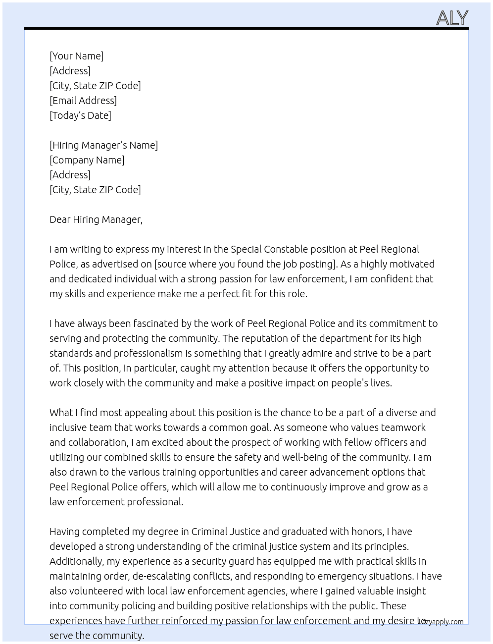 special constable At Peel regional police Cover Letter