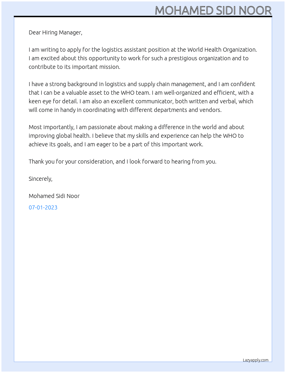 Logistics assistant  At World Health Organization Cover Letter