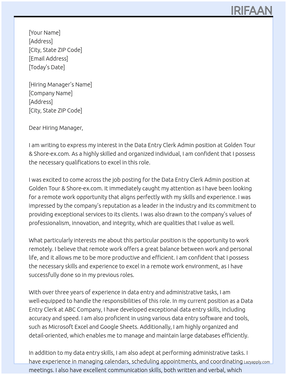 Data Entry Clerk Admin - Remote Work From Home At Golden Tour &Shore-ex.com Cover Letter