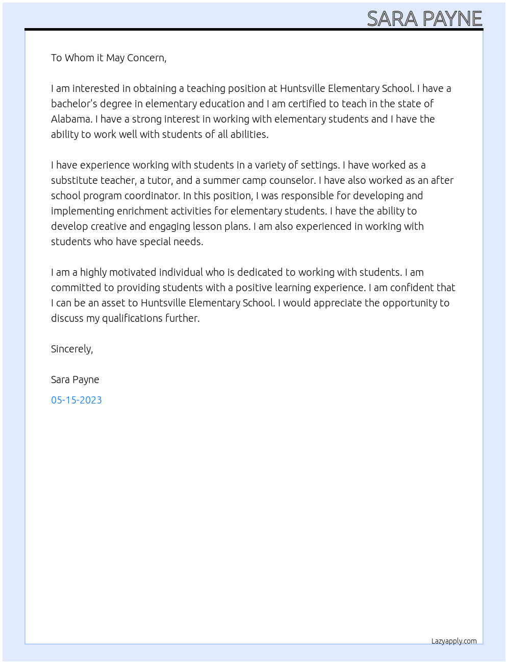 Teacher At Huntsville Elementary School Cover Letter