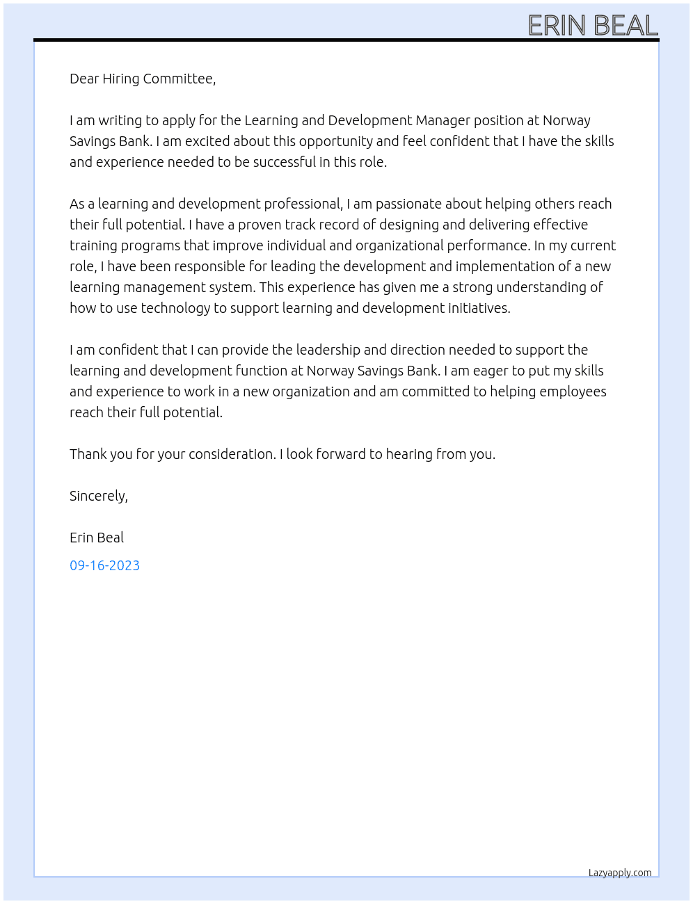 Learning and Development Manager At Norway Savings Bank Cover Letter