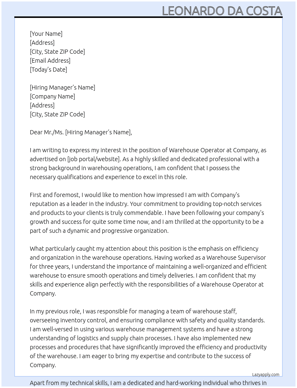 Warehouse operator  At Company  Cover Letter