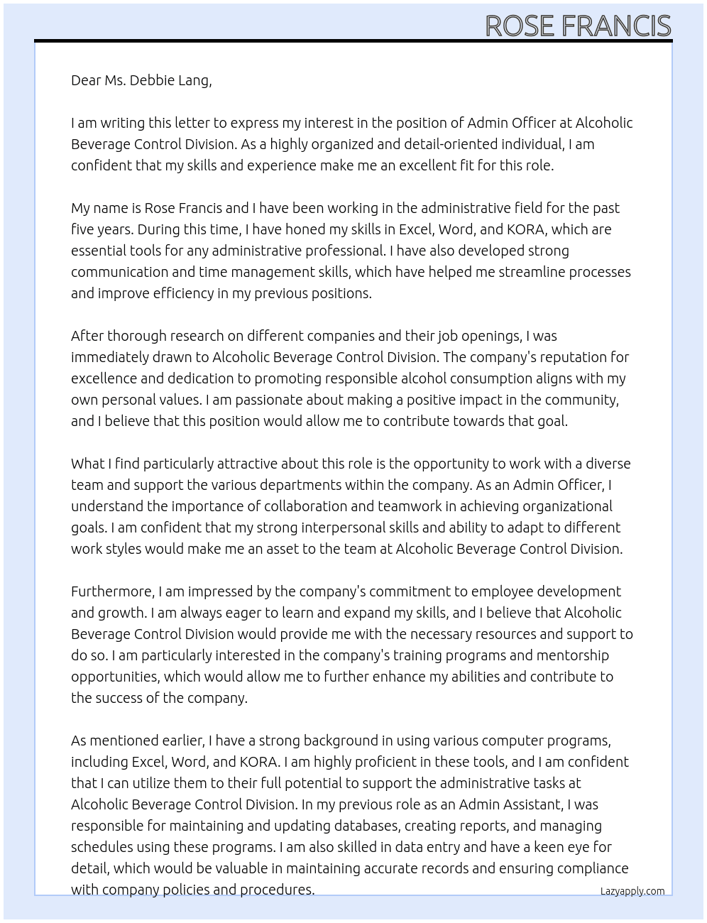 Admin Officer At Alcoholic Beverage Control Division Cover Letter