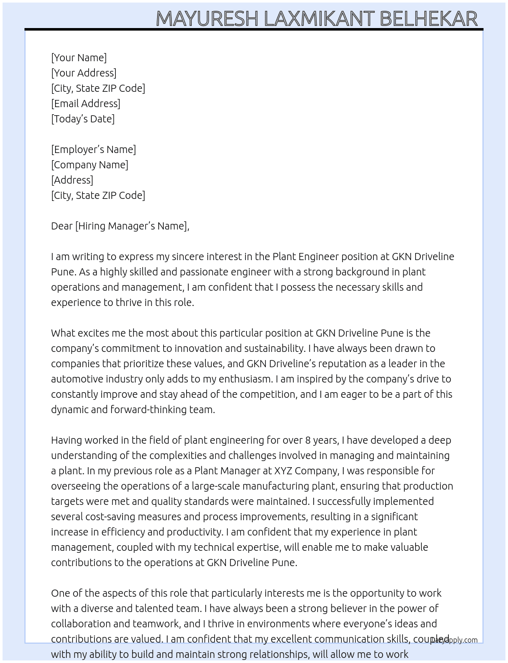 Plant Engineer  At  GKN Driveline Pune  Cover Letter