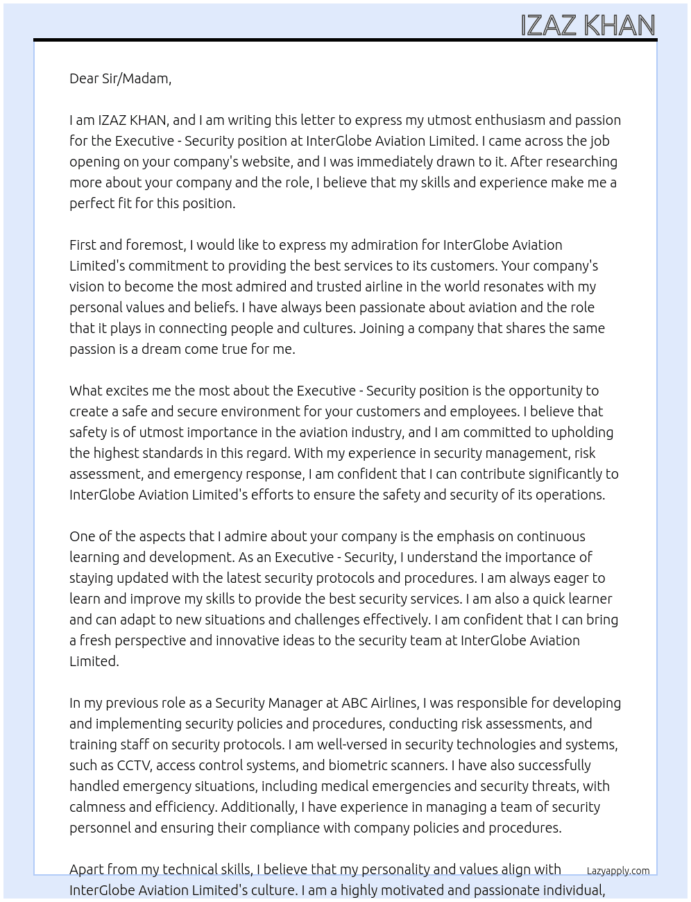 Executive - security  At InterGlobe Aviation limited  Cover Letter