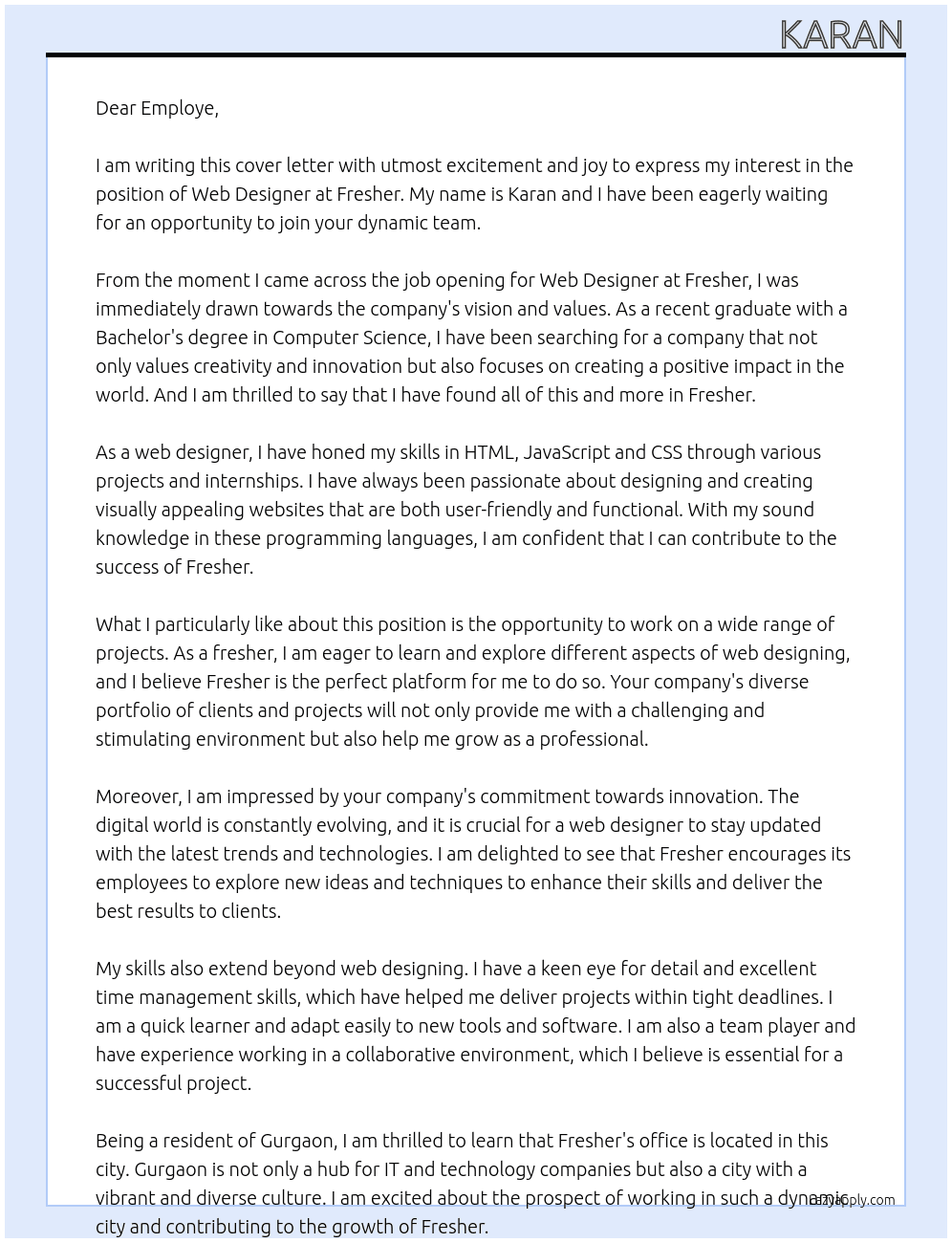 Web designer  At Fresher  Cover Letter