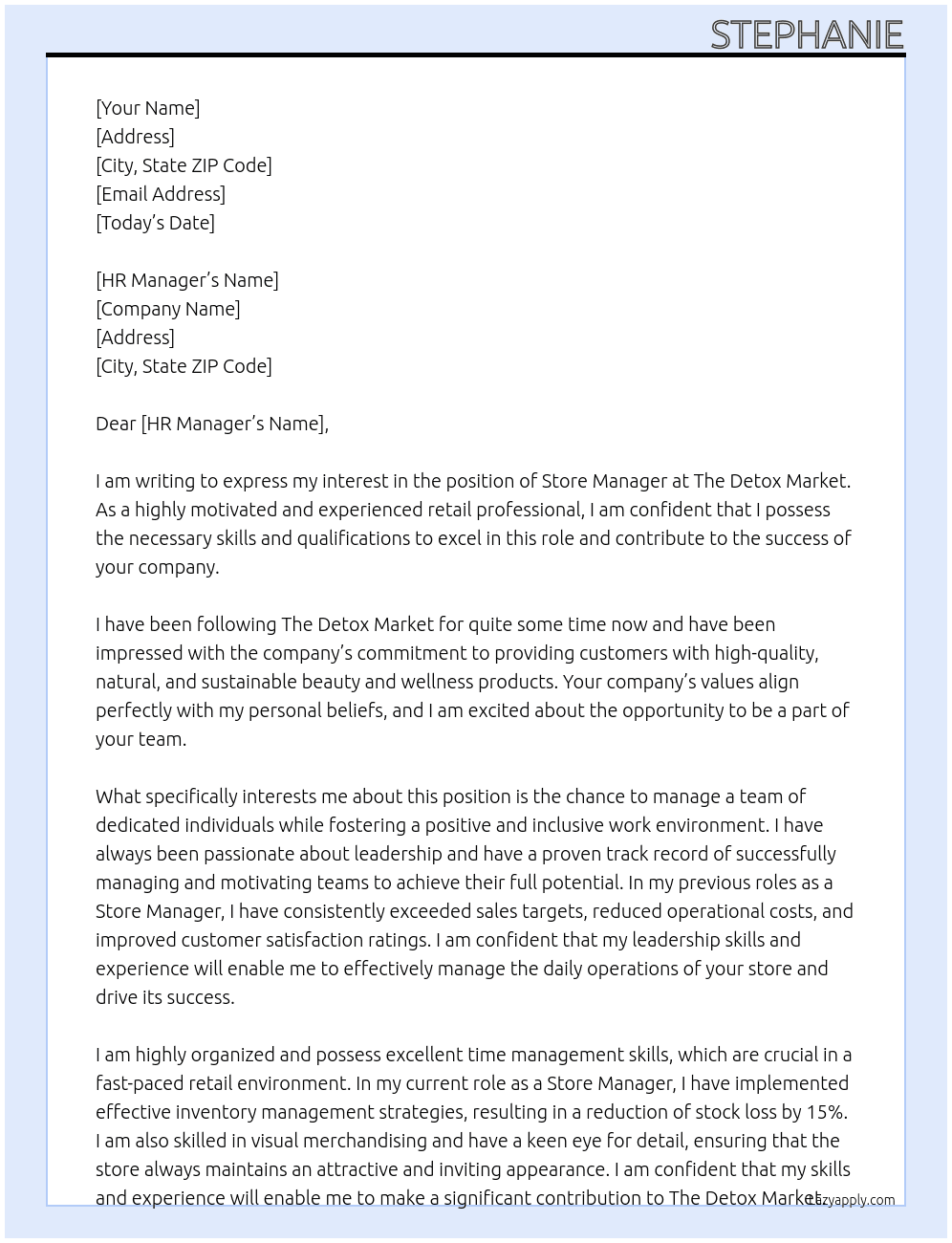 Store manager At The Detox Market  Cover Letter