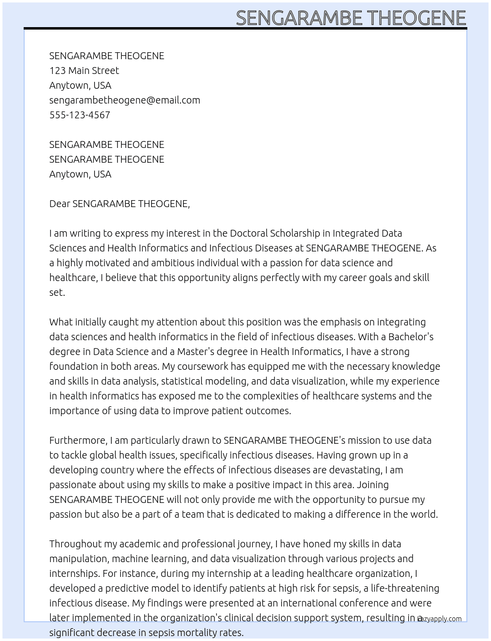Doctoral scholarship in integrated data sciences and health informatics and infectious diseases At SENGARAMBE THEOGENE Cover Letter