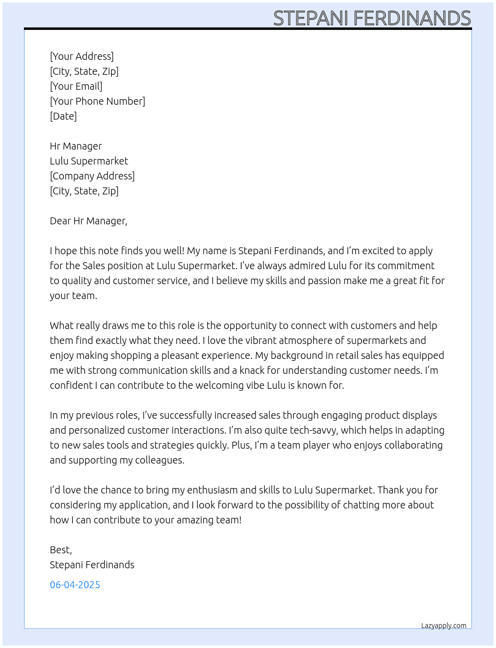 sales At lulu supermakert Cover Letter