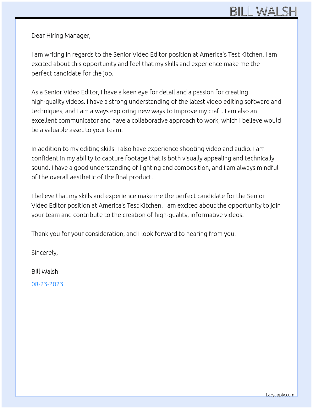 Senior Video Editor At America's Test Kitchen Cover Letter