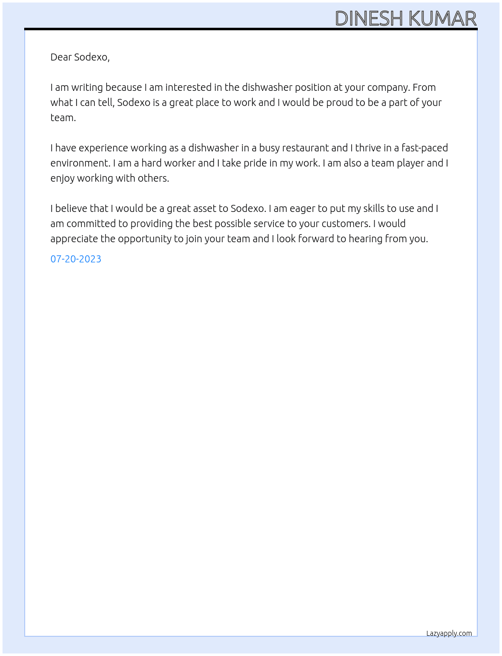 dishwasher At sodexo Cover Letter