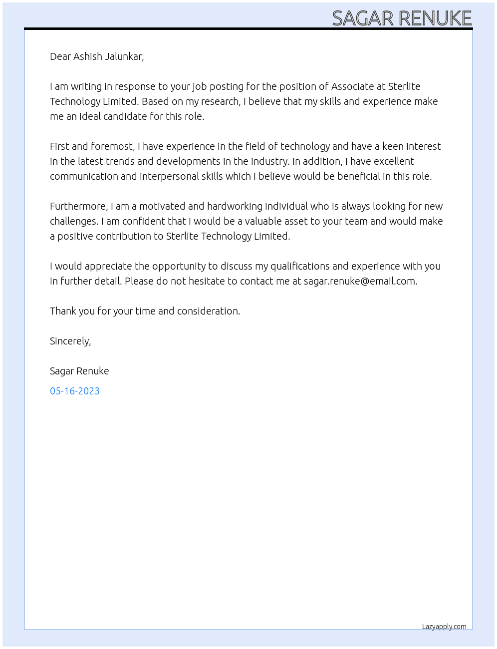 Associate At sterlite technology limited Cover Letter