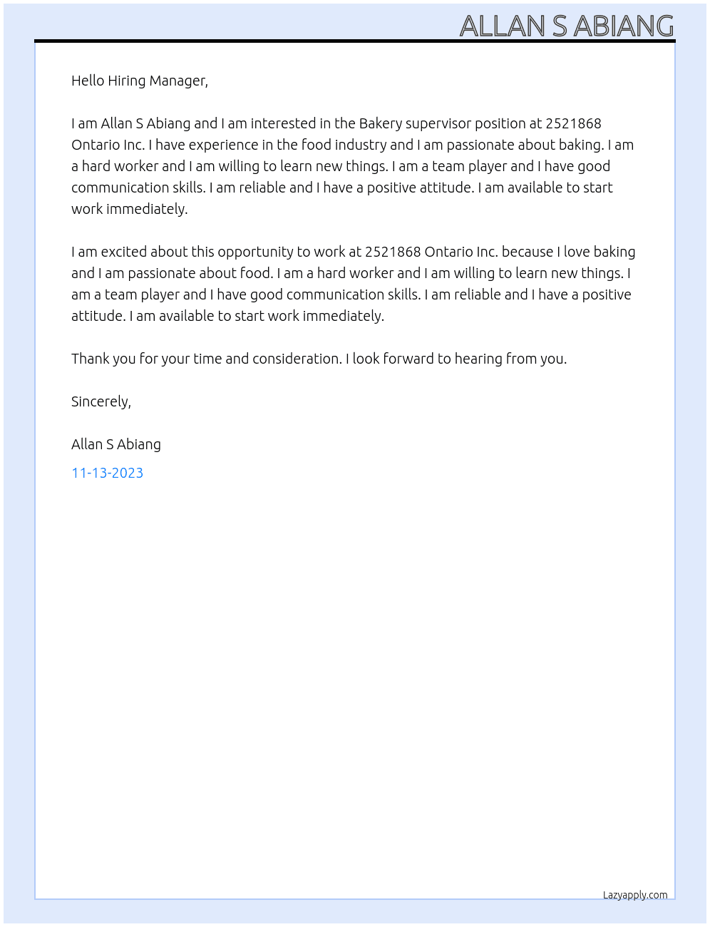 Bakery supervisor At 2521868 Ontario Inc. Cover Letter