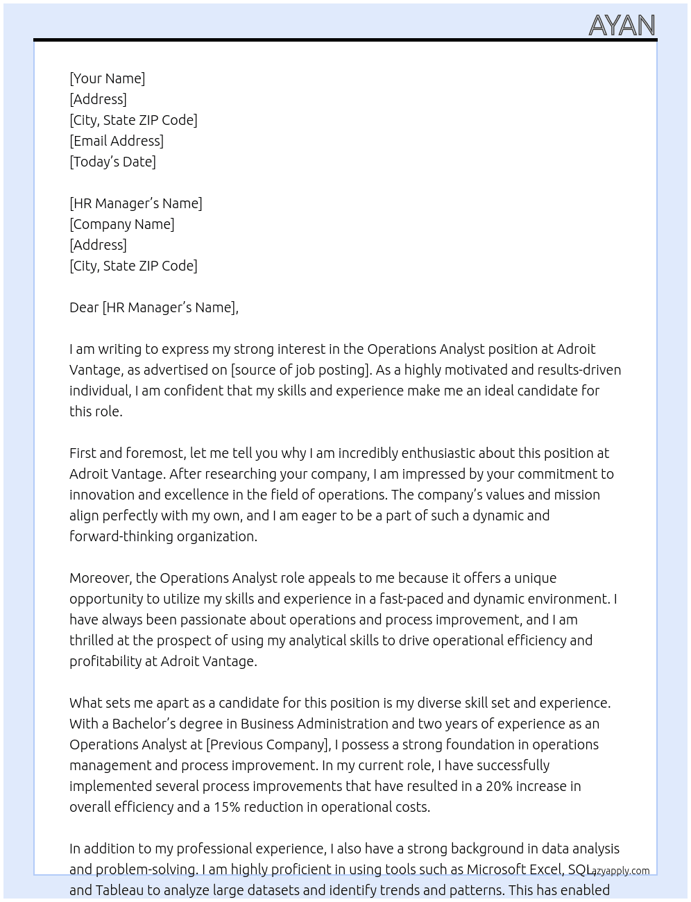 Operations Analyst At Adroit Vantage Cover Letter