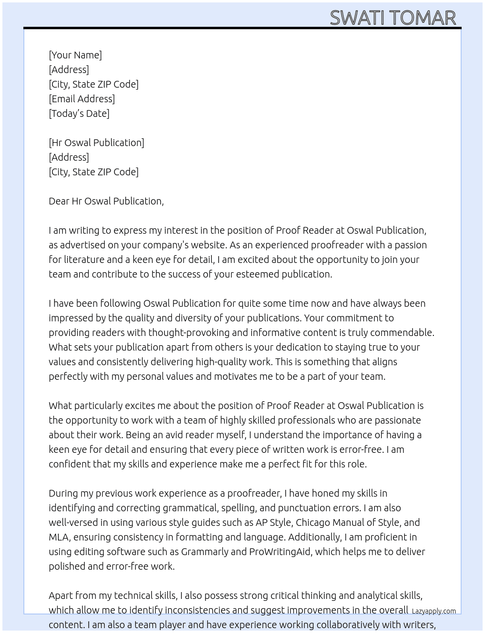 Proof Reader  At Oswal Publication  Cover Letter