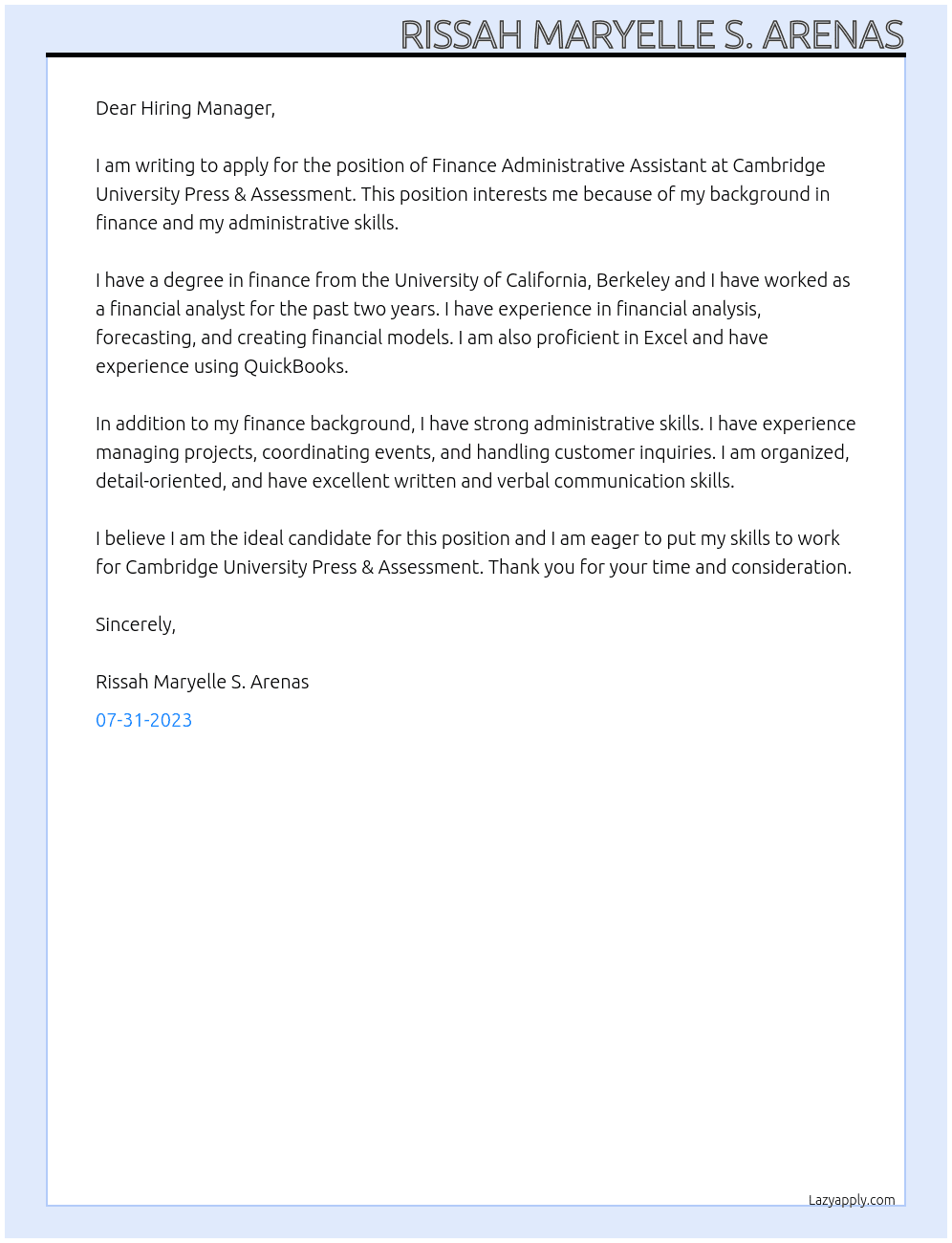 Finance Administrative Assistant At Cambridge University Press & Assessment Cover Letter
