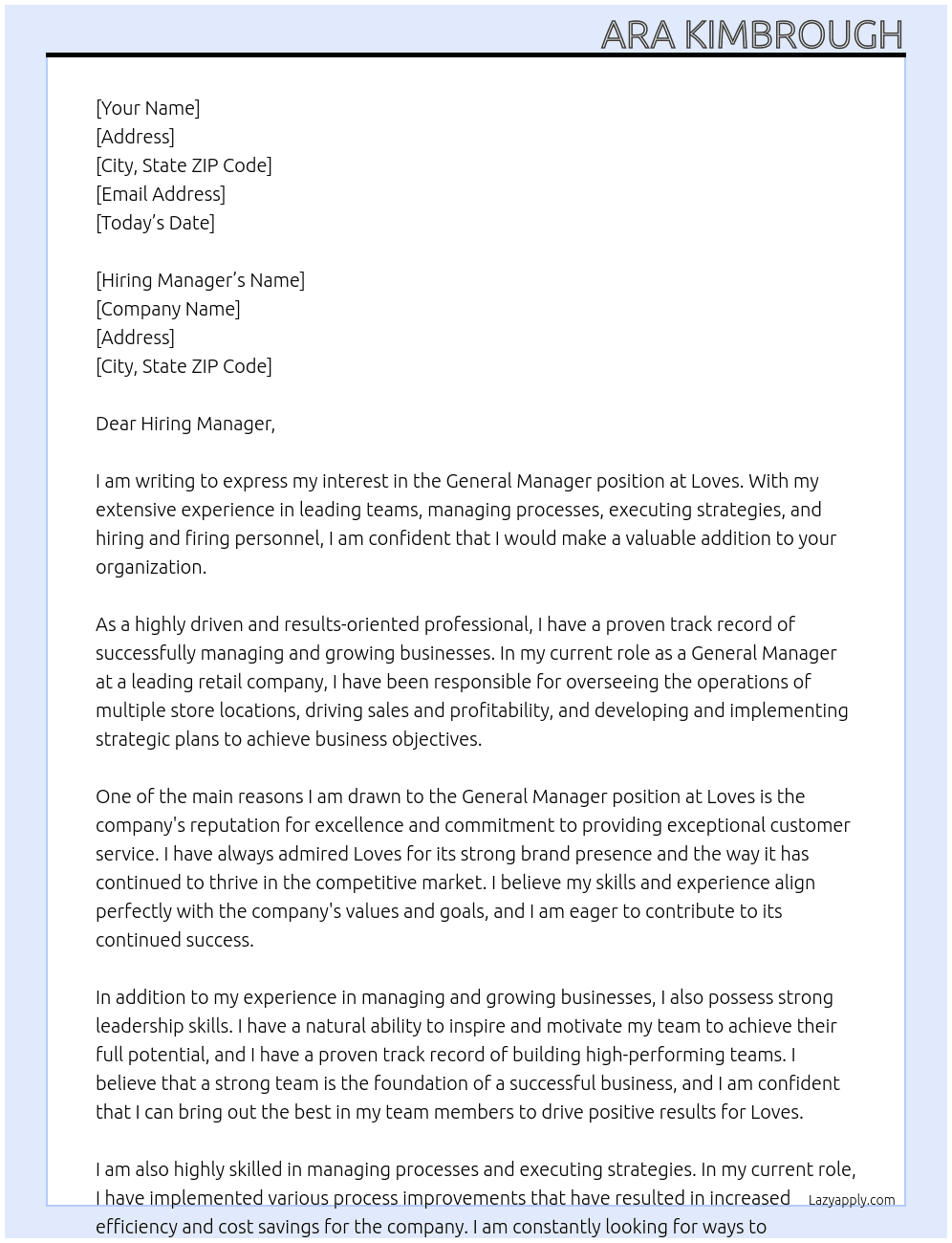 General Manager At Loves Cover Letter