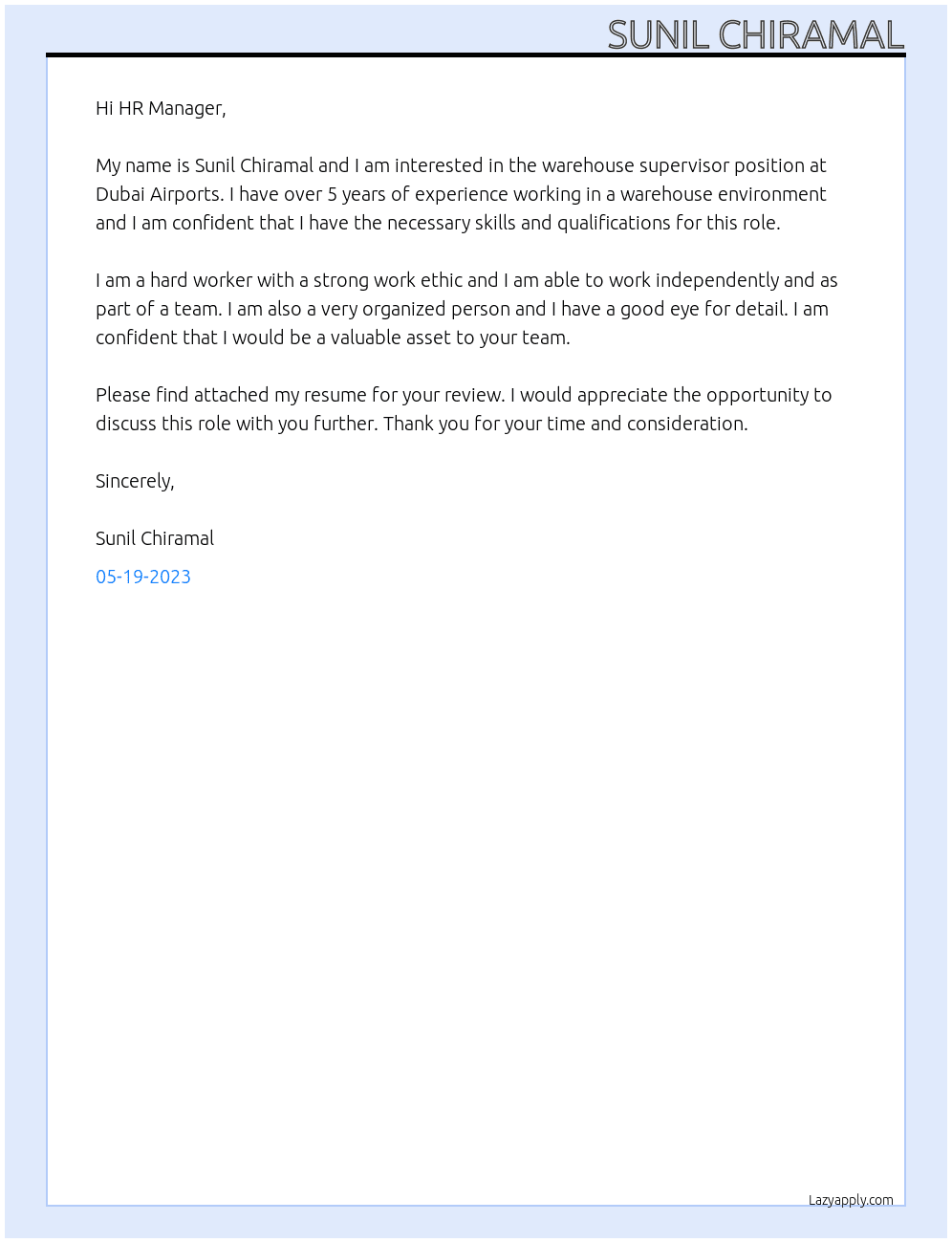 warehouse supervisor At Dubai Airprorts Cover Letter