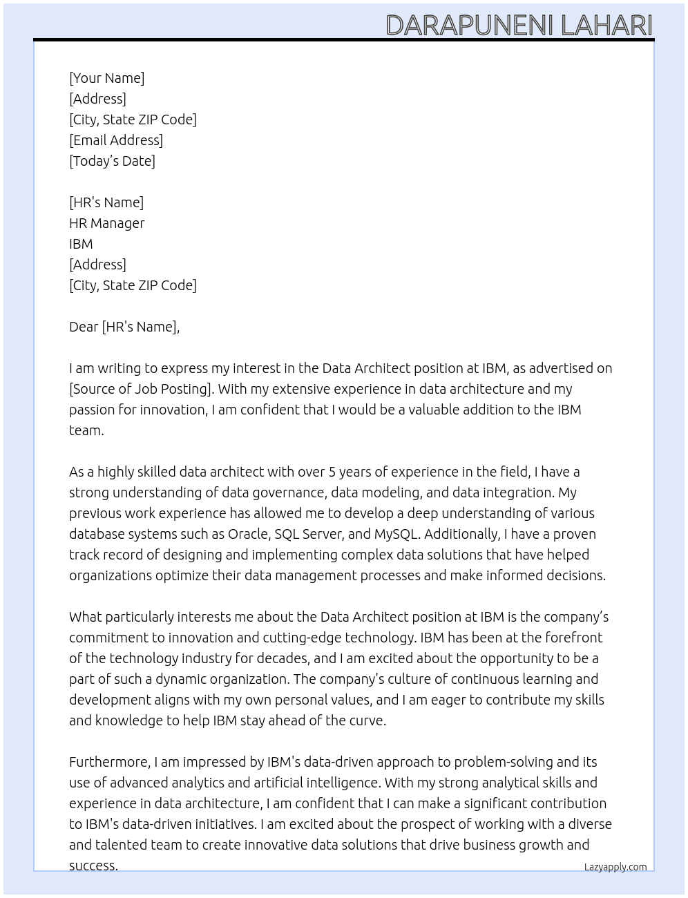 Cover letter for data architect - LazyApply