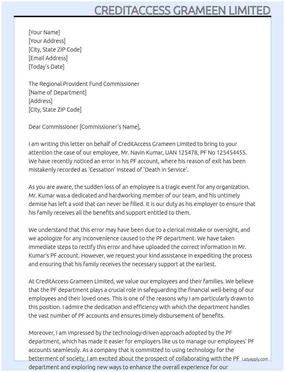 Letter to PF department for Employee Navin Kumar , UAN 125478, PF No 125454455 Reasion of Exit  change from Cessesion to Death in service which has been Upload by clarical mistak or Over site  At PF department Cover Letter