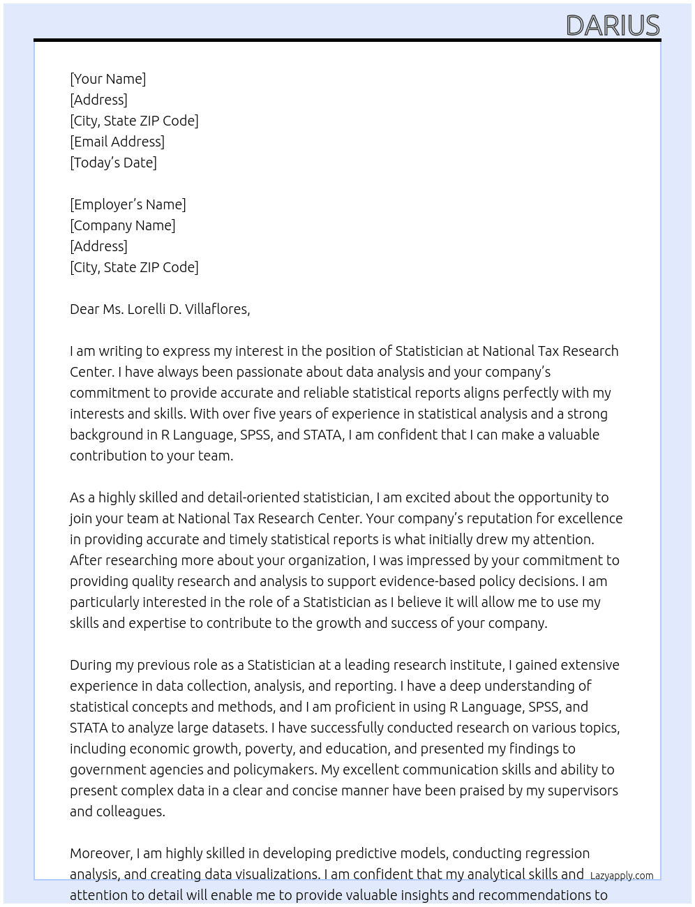 STATISTICIAN At National Tax Research Center Cover Letter