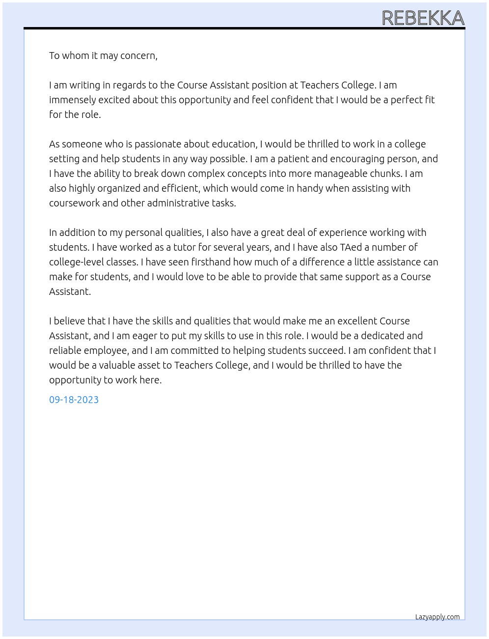 Course Assistant At Teachers College Cover Letter