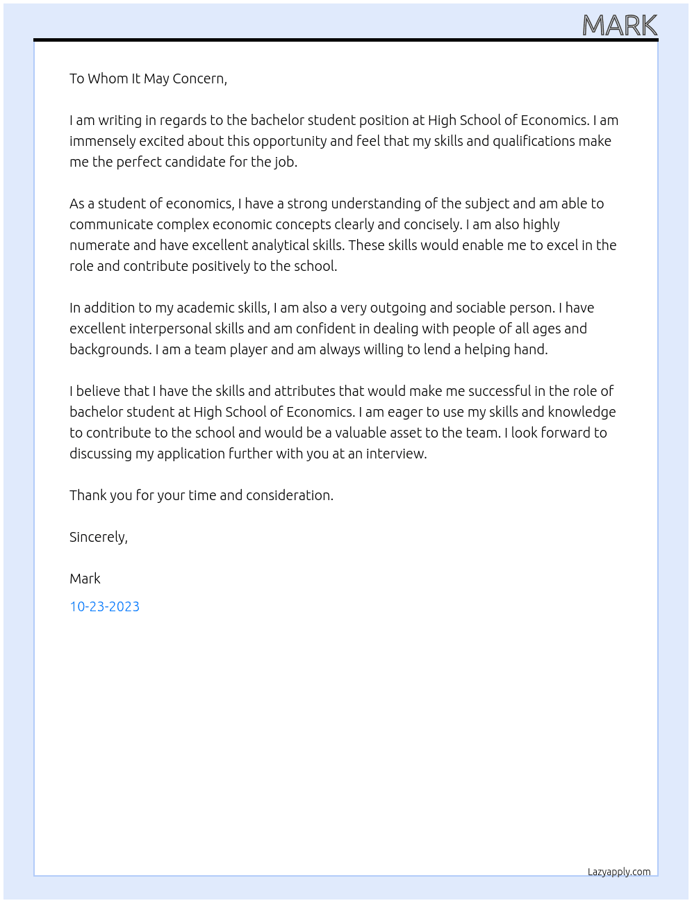 bachelor student At High School  fo Economics Cover Letter