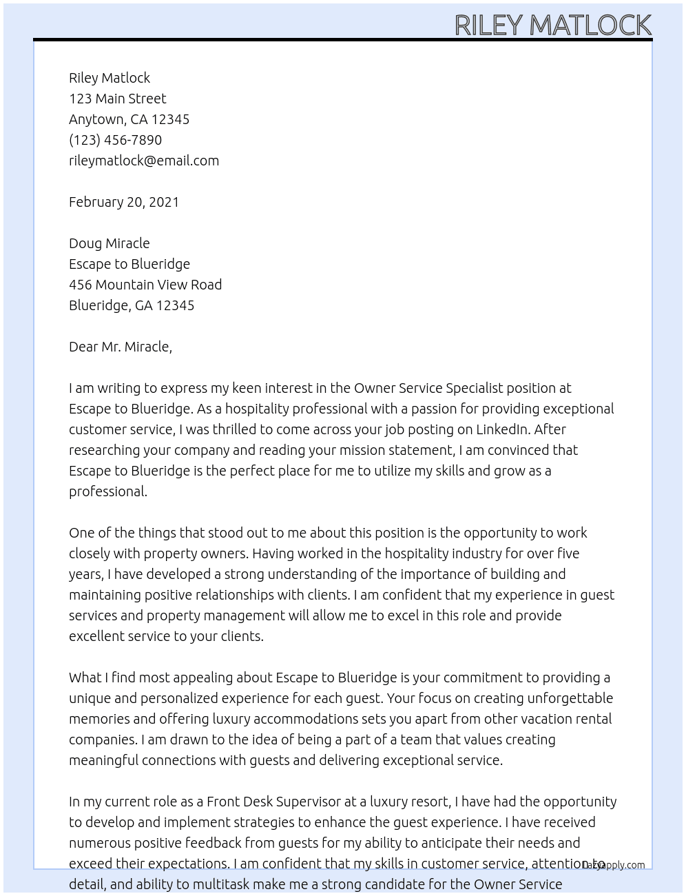 Owner Service Specialist At Escape to Blueridge Cover Letter