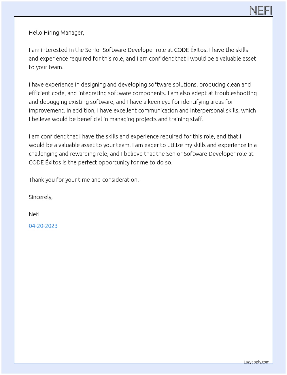 Senior Software Developer At CODE Éxitos Cover Letter