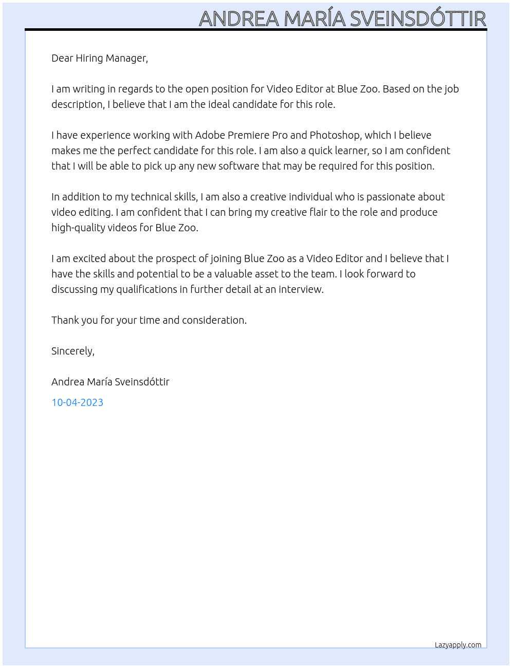 Video Editor At Blue Zoo Cover Letter