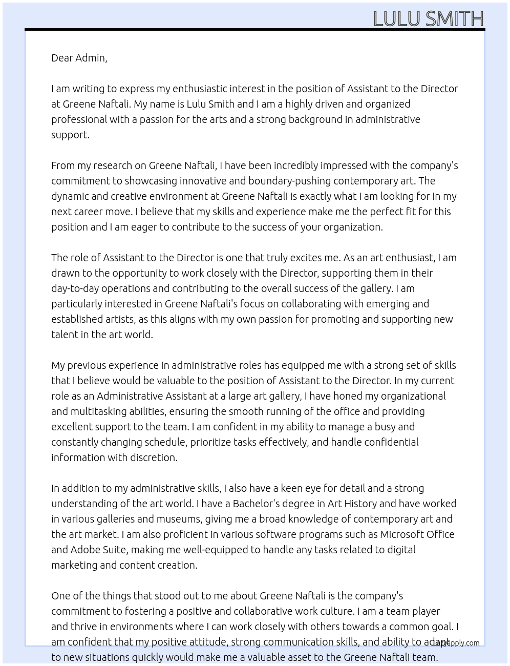 Assistant to the Director At Greene Naftali Cover Letter