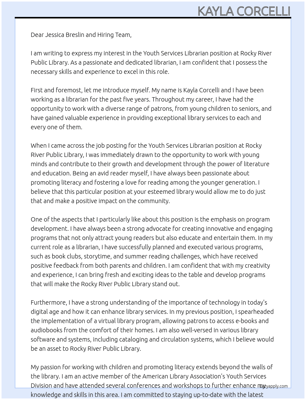 Youth Services Librarian At Rocky River Public Library Cover Letter