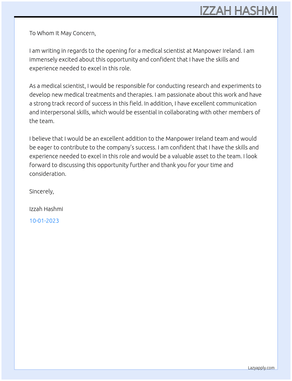 Medical Scientist At Manpower Ireland Cover Letter