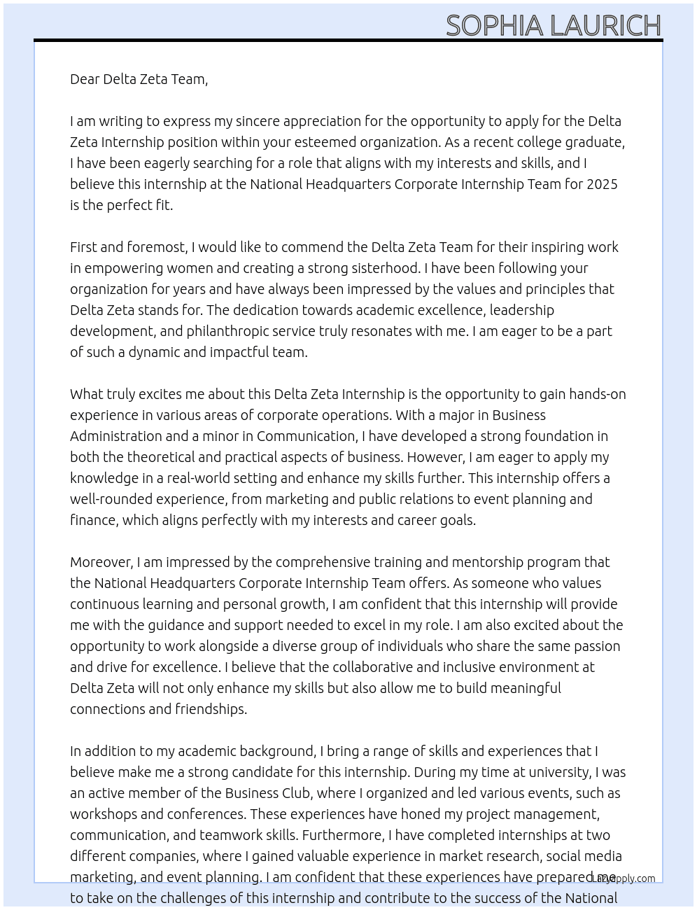 Delta Zeta Internship At National Headquarters Corporate Internship Team for 2025 Cover Letter