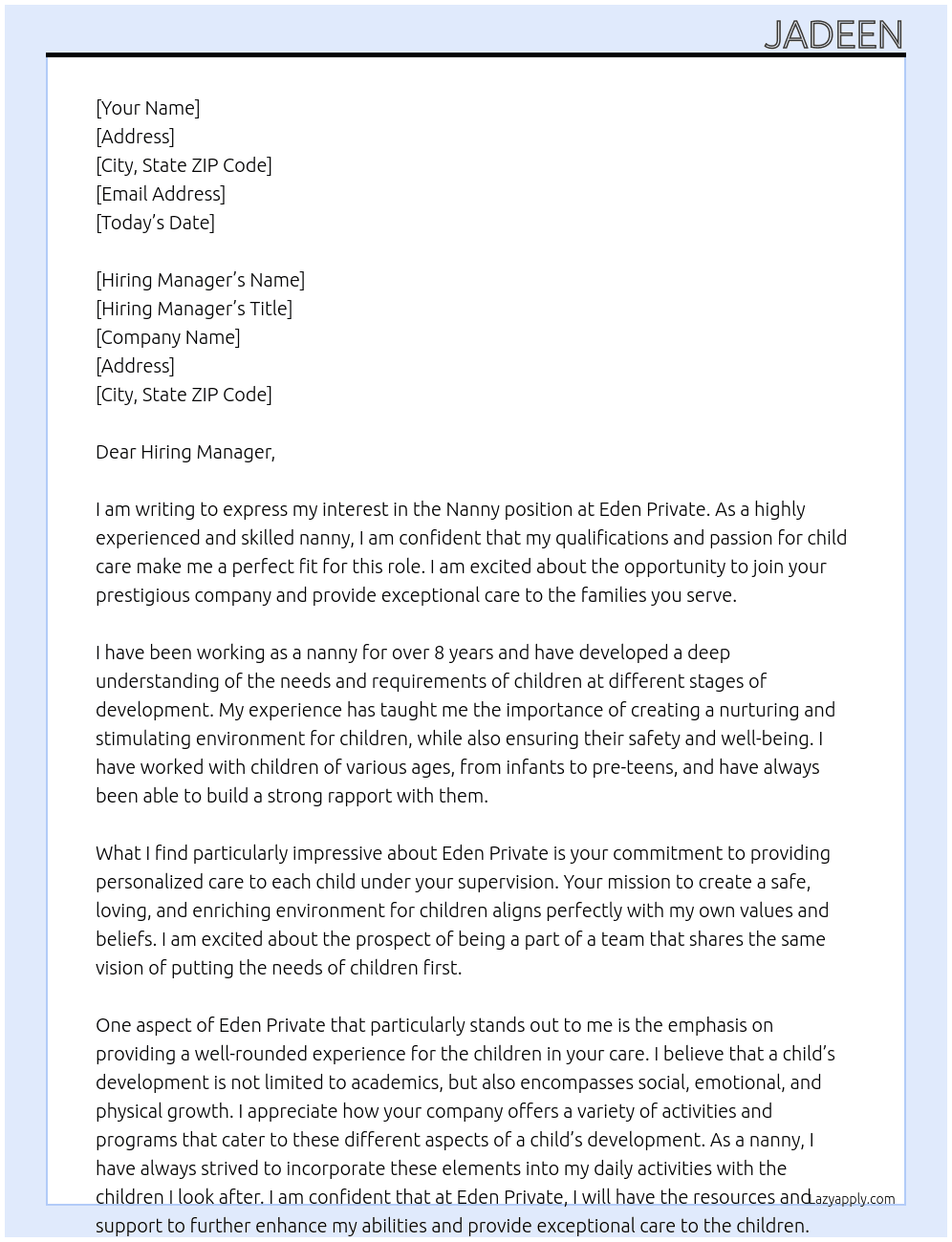 Nanny At Eden private  Cover Letter