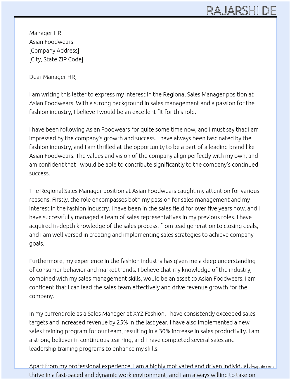 Regional Sales Manager At Asian Foodwears Cover Letter