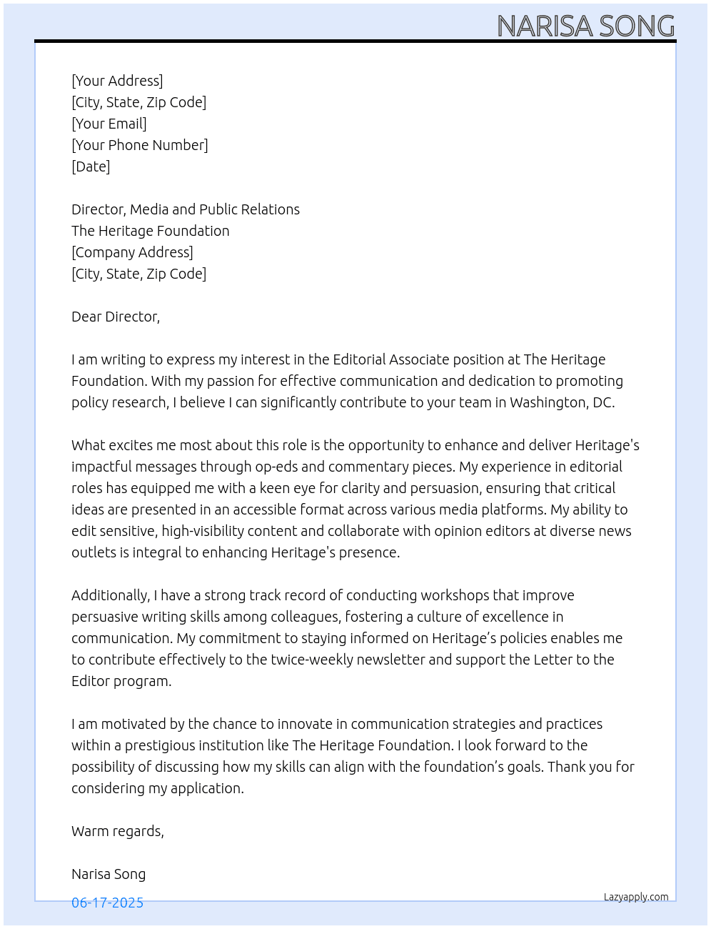 Editorial Associate, Media and Public Relations At the Heritage Foundation Cover Letter