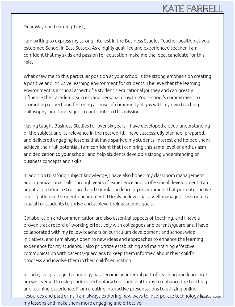 Business Studies Teacher At School in East Sussex Cover Letter